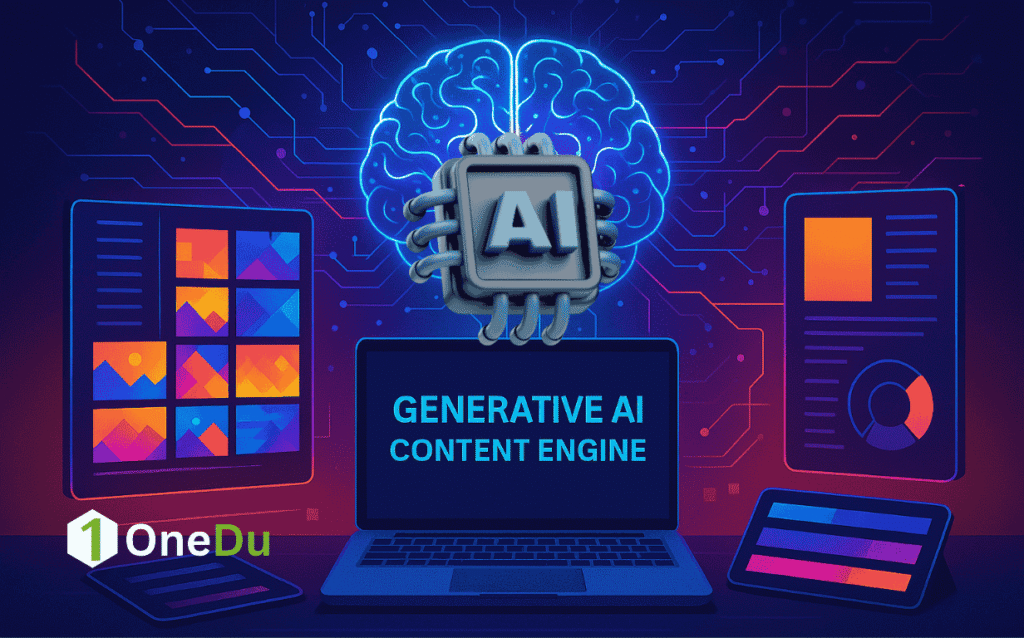 A futuristic digital workspace showing a glowing AI brain connected to neural network circuits, with colorful image grids, a laptop screen labeled “Generative AI Content Engine,” and vibrant design elements representing automated content creation.