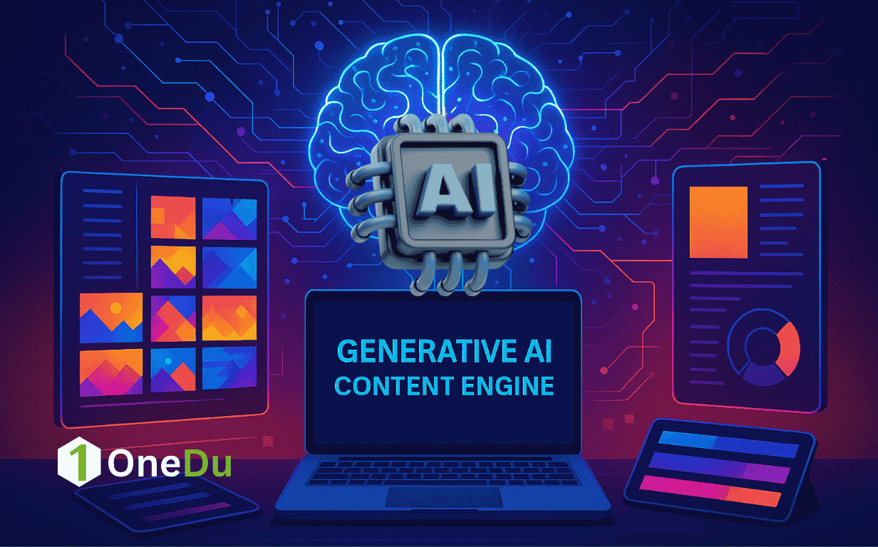 A futuristic digital workspace showing a glowing AI brain connected to neural network circuits, with colorful image grids, a laptop screen labeled “Generative AI Content Engine,” and vibrant design elements representing automated content creation.